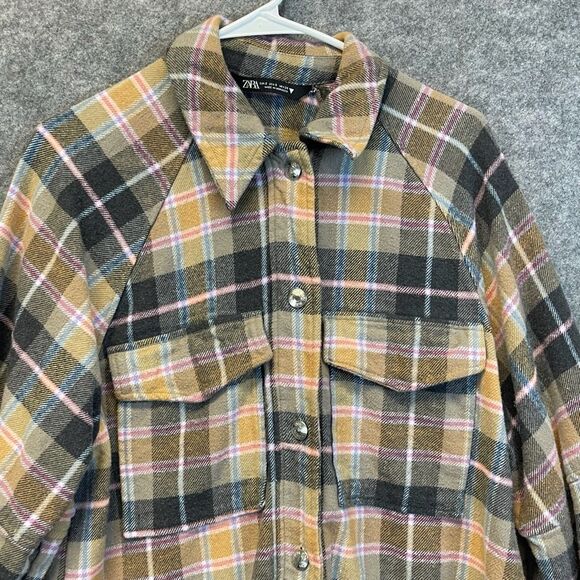 ZARA Women’s Shacket Plaid Flannel Button Down Shirt Jacket S Brown Pink Yellow - Picture 2 of 11